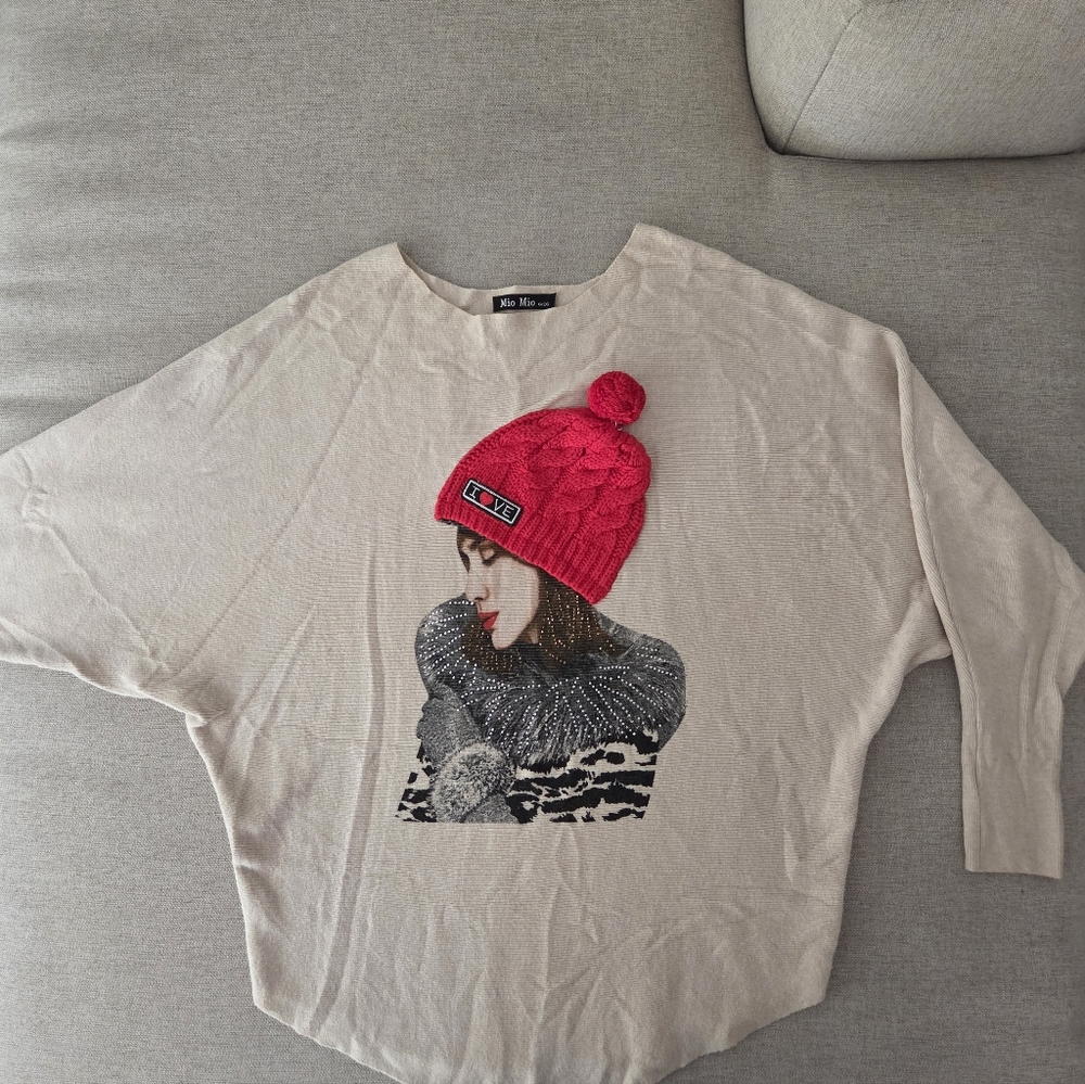 Beige Sweater with Red Hat Design